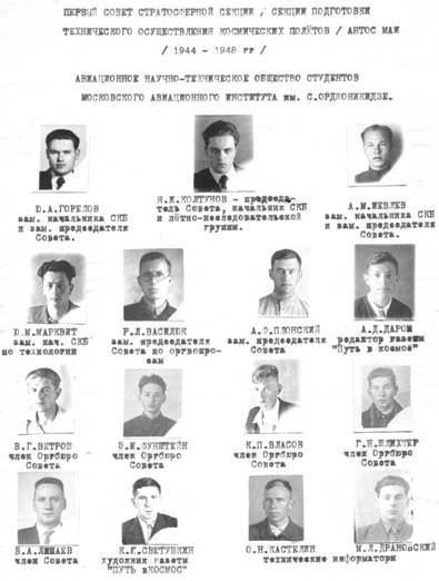 Первый Совет Кружка реактивных двигателей и ракет, Стратосферной Секции, Стратосферного Отделения - Секции и Отделения подготовки технического осуществления ракетных и космических полётов Авиационного Научно-технического Общества студентов (АНТОС) Московского Авиационного Института МАИ 1943 - 1948 гг
